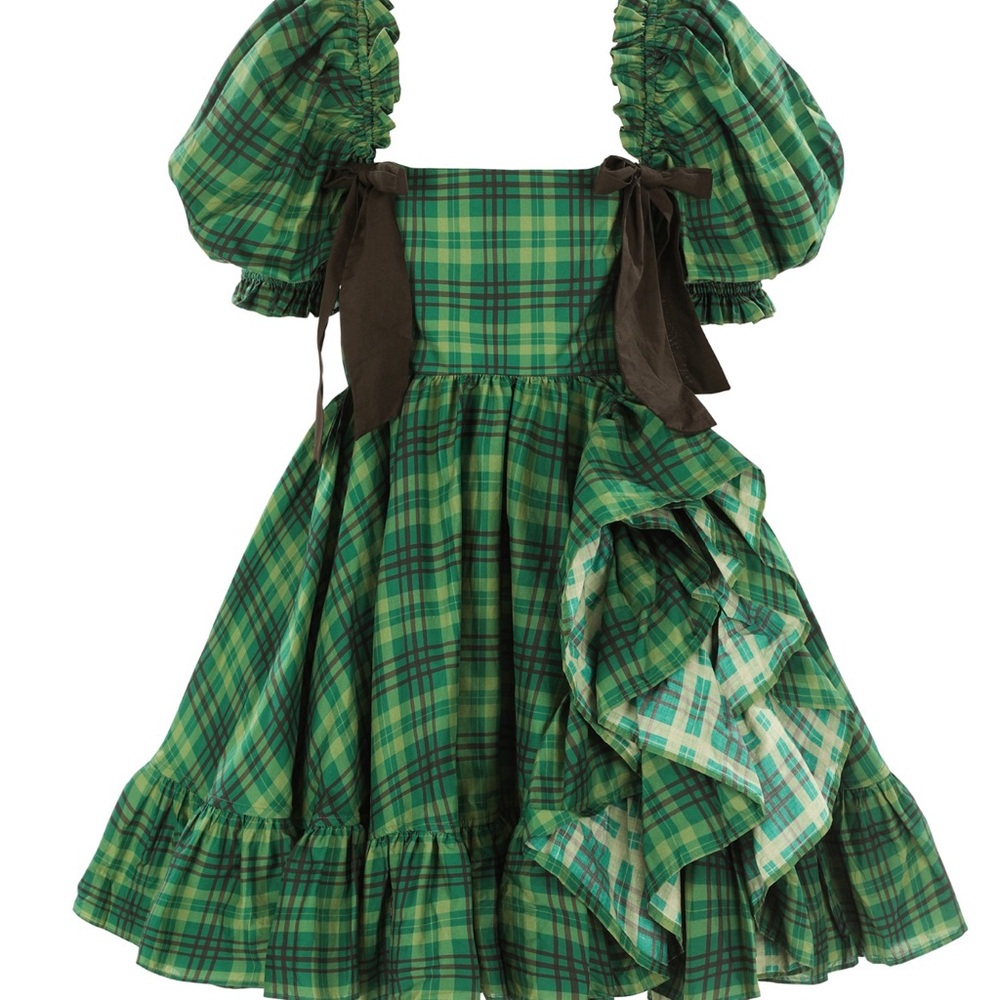 Green Plaid Dress with Puff Sleeves